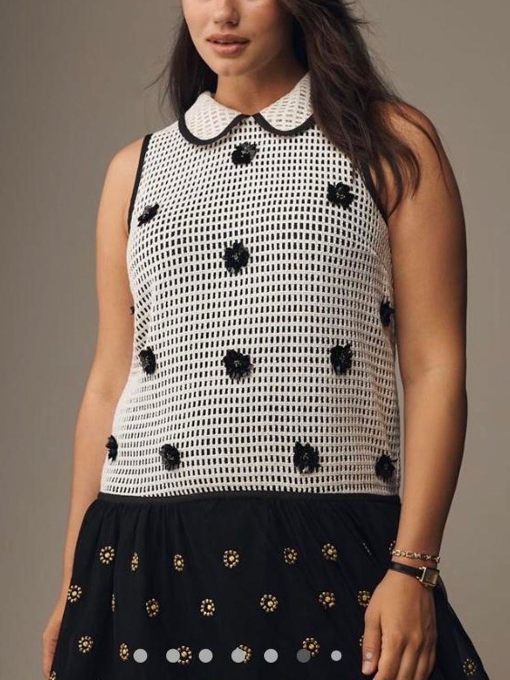 Anthropologie/Maeve White Crochet Shell Top with Black Trim